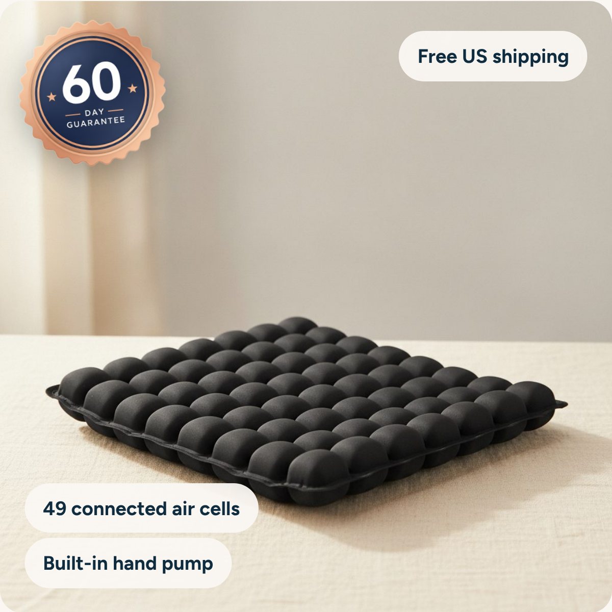 The AirSeat with a 60-day guarantee seal, 49 connected air cells and a built-in hand pump