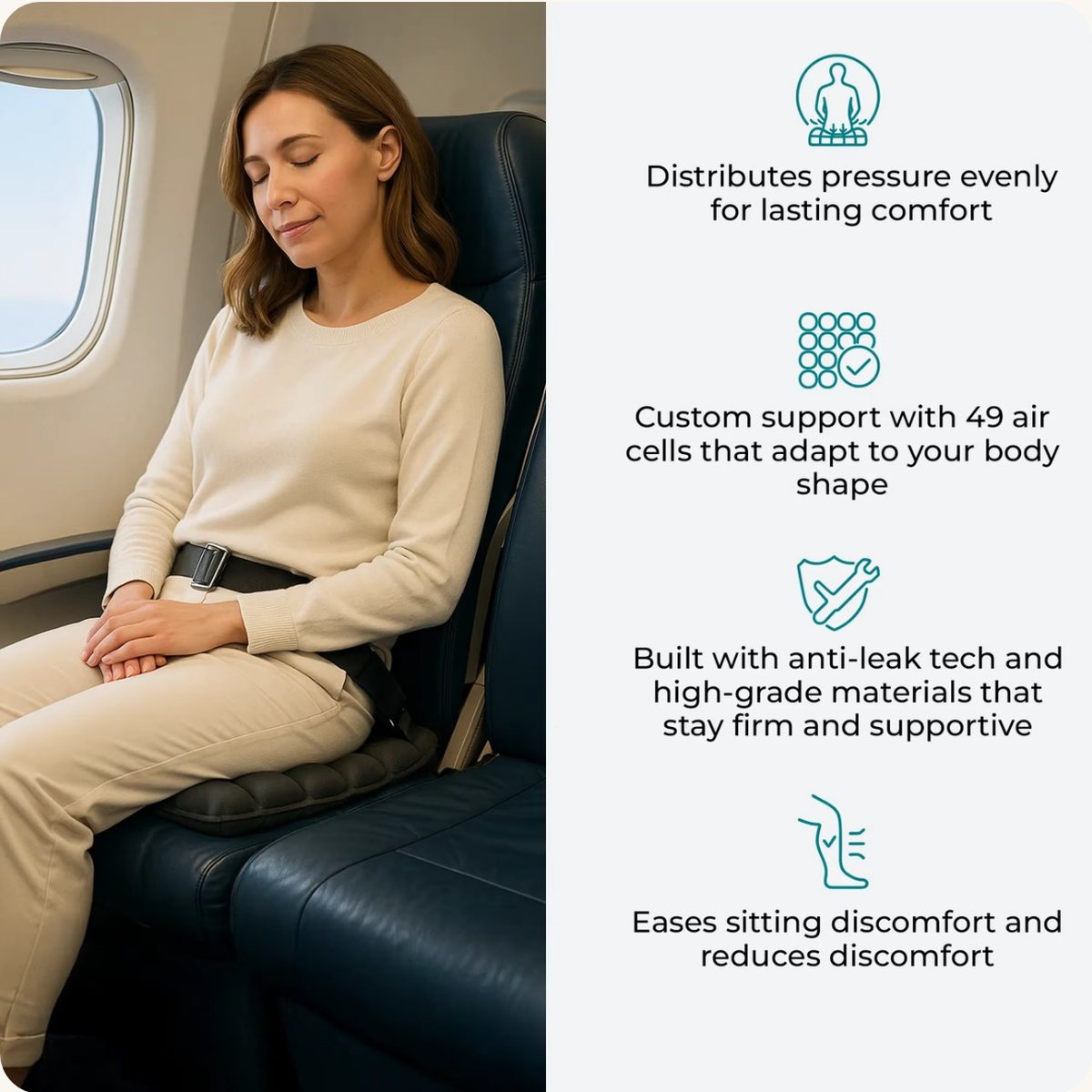 A woman resting on a plane seat with the AirSeat under her, beside four benefits