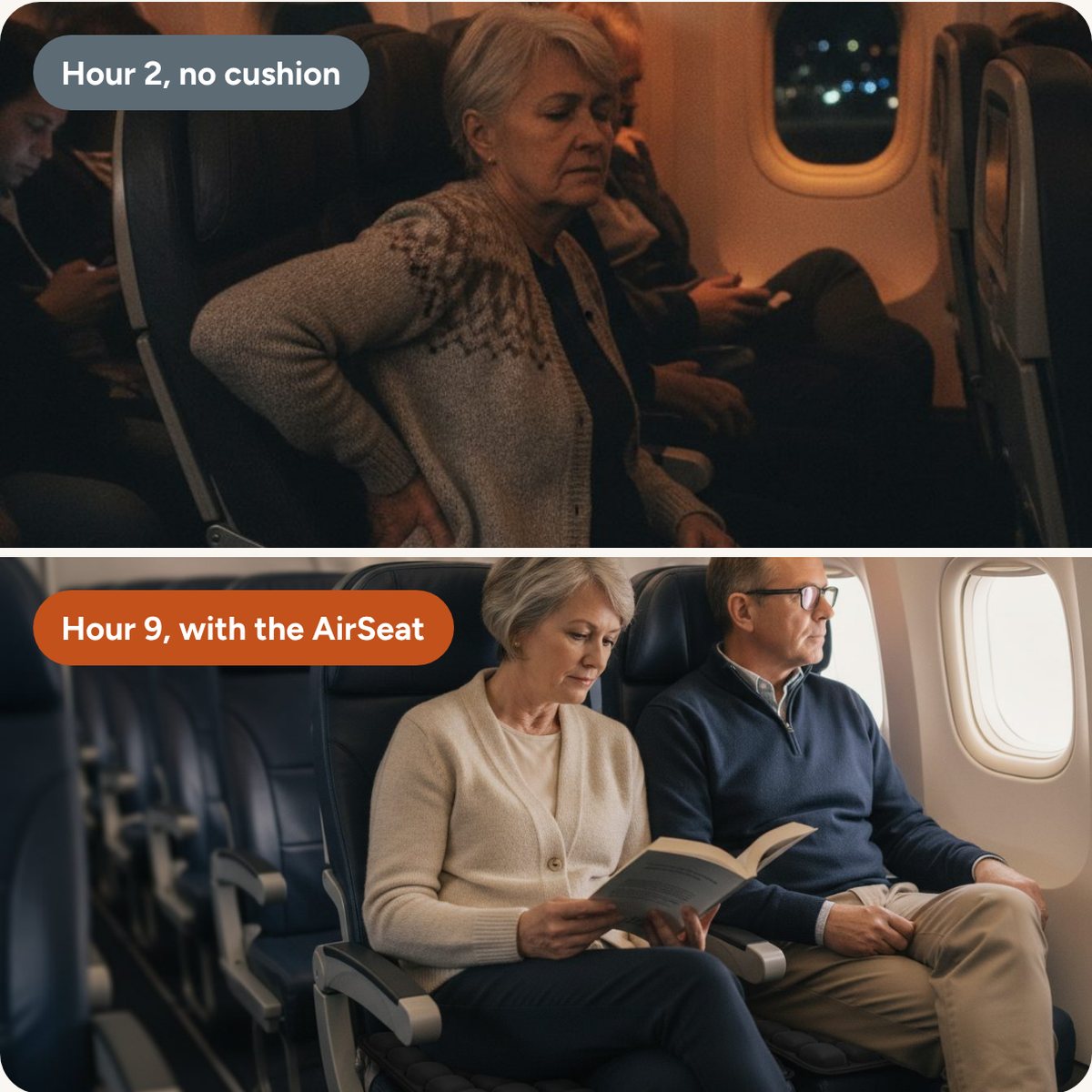 Before and after: hour 2 without a cushion, hour 9 with the AirSeat