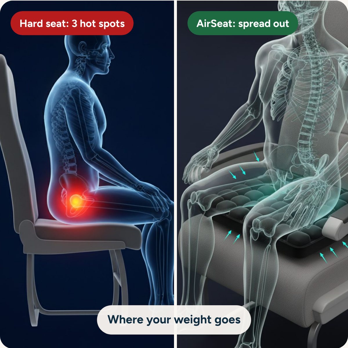 Where your weight goes: three hot spots on a hard seat, spread out on the AirSeat