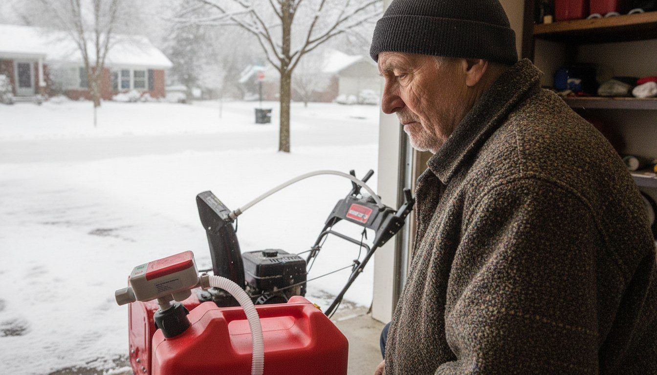 An older man in his garage next to a snowblower being refueled by the pump