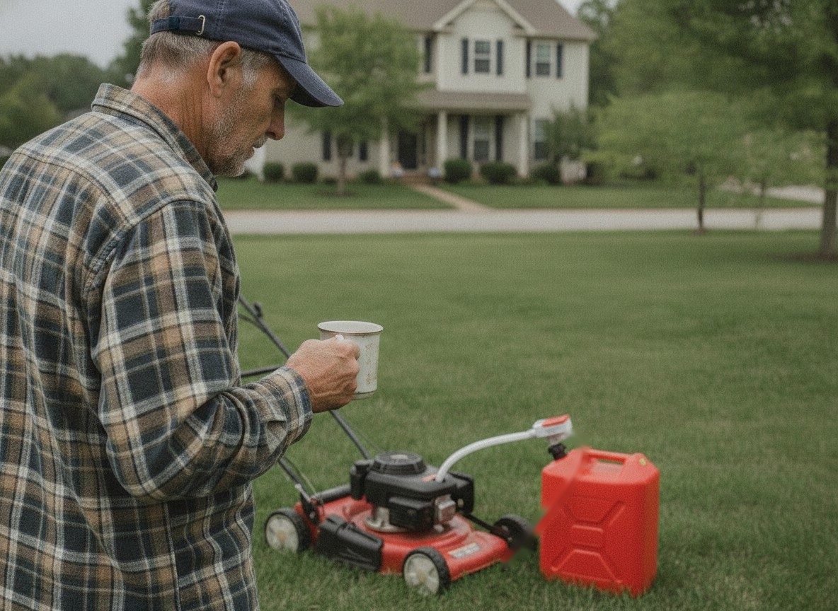 An older man watching the pump refuel his lawn mower