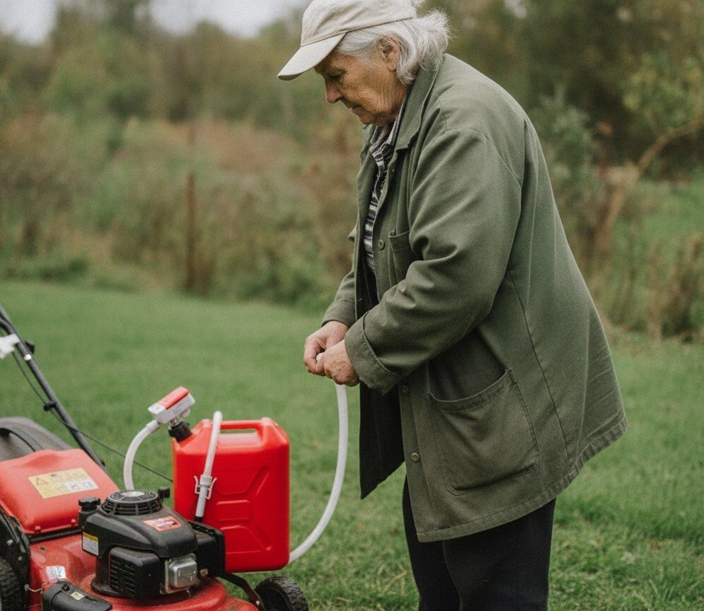 An older woman next to her lawn mower