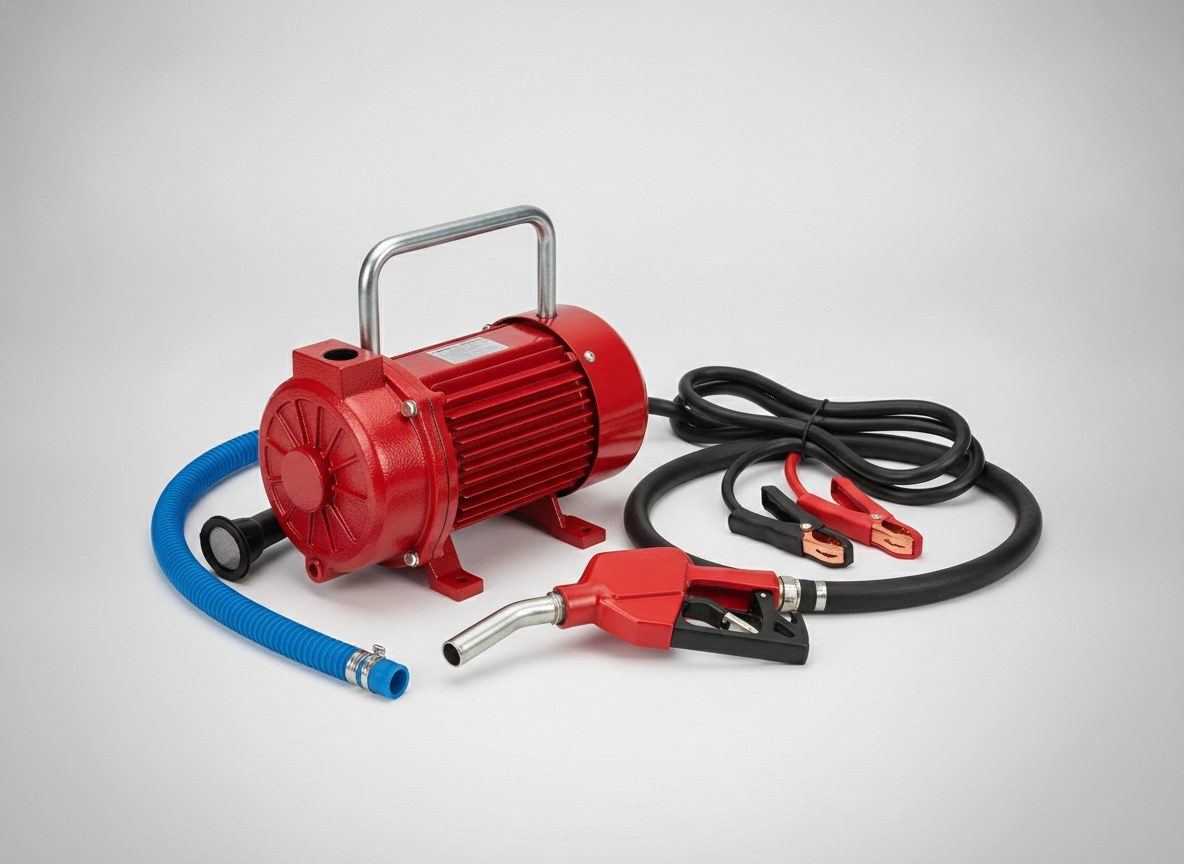 A traditional corded fuel transfer pump with battery clamps and a heavy hose