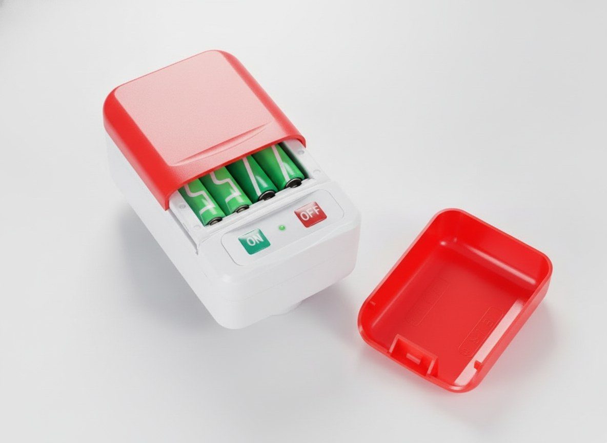 The battery cover slides fully off, like a TV remote, to show four AA batteries