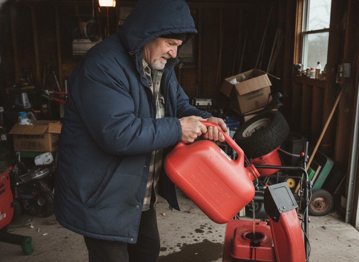 Before: a man straining to lift and pour a heavy gas can into a snowblower