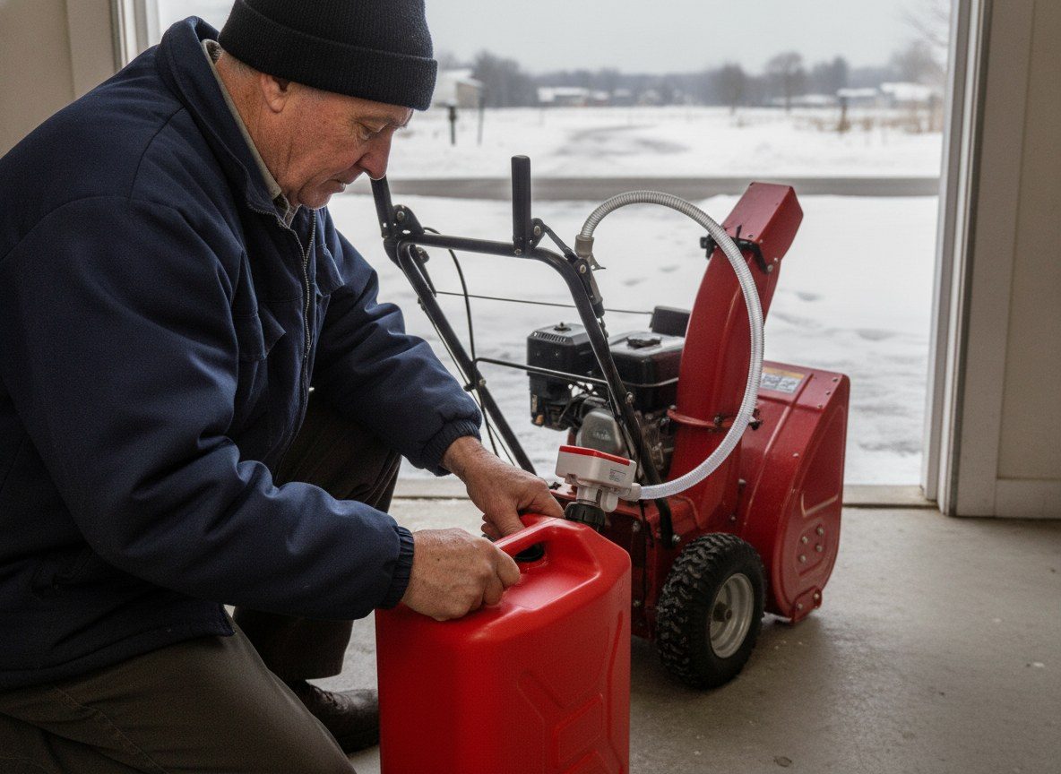 After: the pump on a gas can on the garage floor, filling the snowblower
