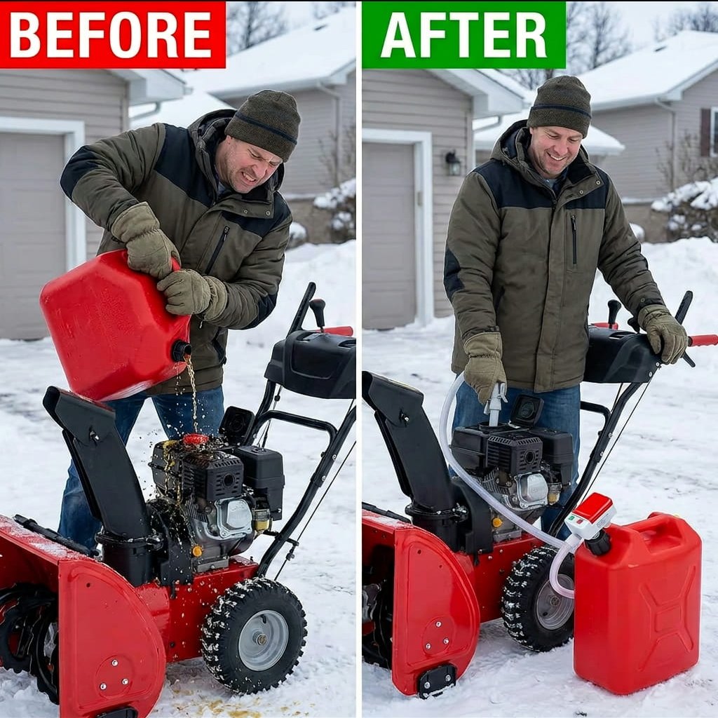 Before: a man straining to pour a heavy gas can into a snowblower and spilling. After: the same man smiling while the pump fills the snowblower from a can on the ground.