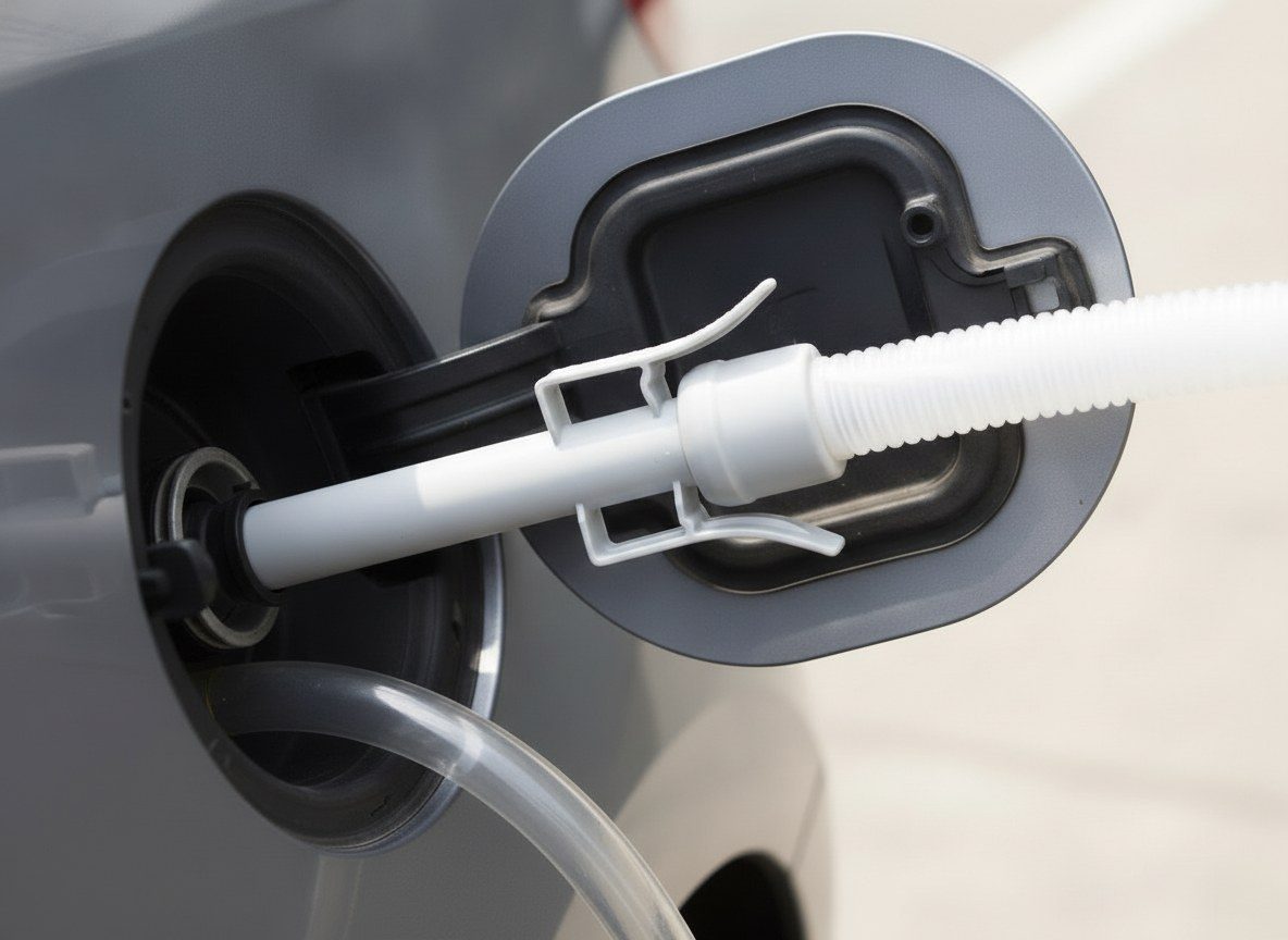 Nozzle pushed all the way into the fuel filler, clip hooked on the rim