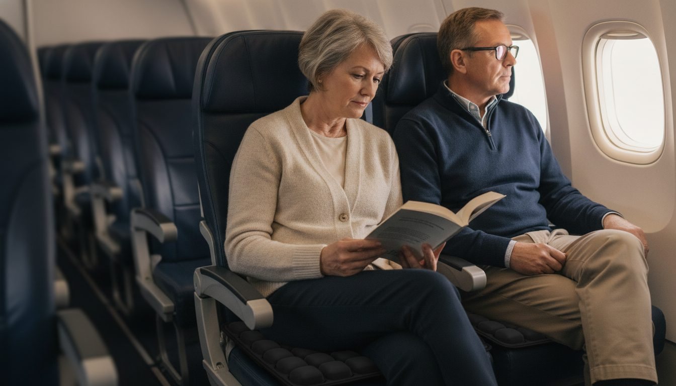 A couple in their sixties relaxing in economy seats, each sitting on an air-cell cushion