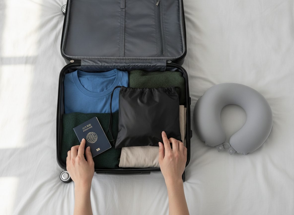 A carry-on being packed with the folded cushion in its bag and a neck pillow