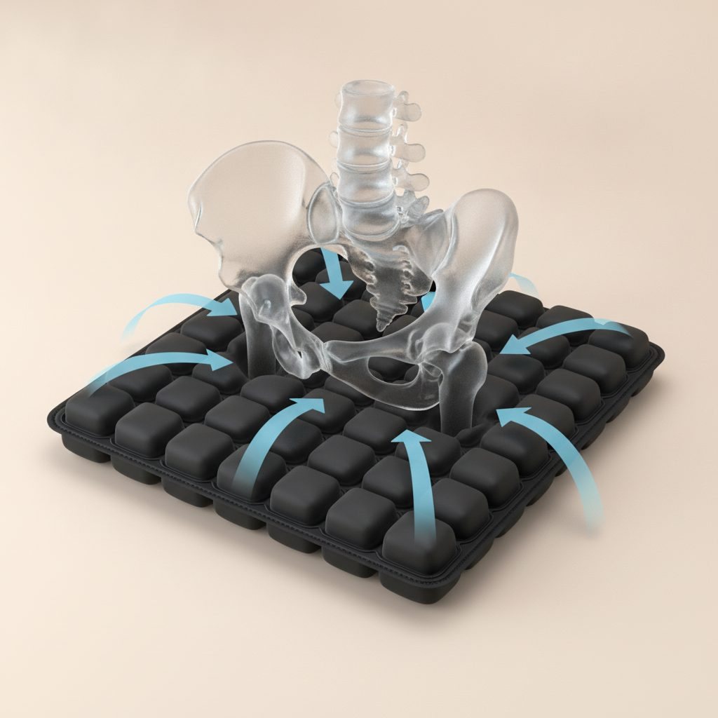 Illustration: pelvis bones resting on the AirSeat with arrows showing weight spreading across the cells