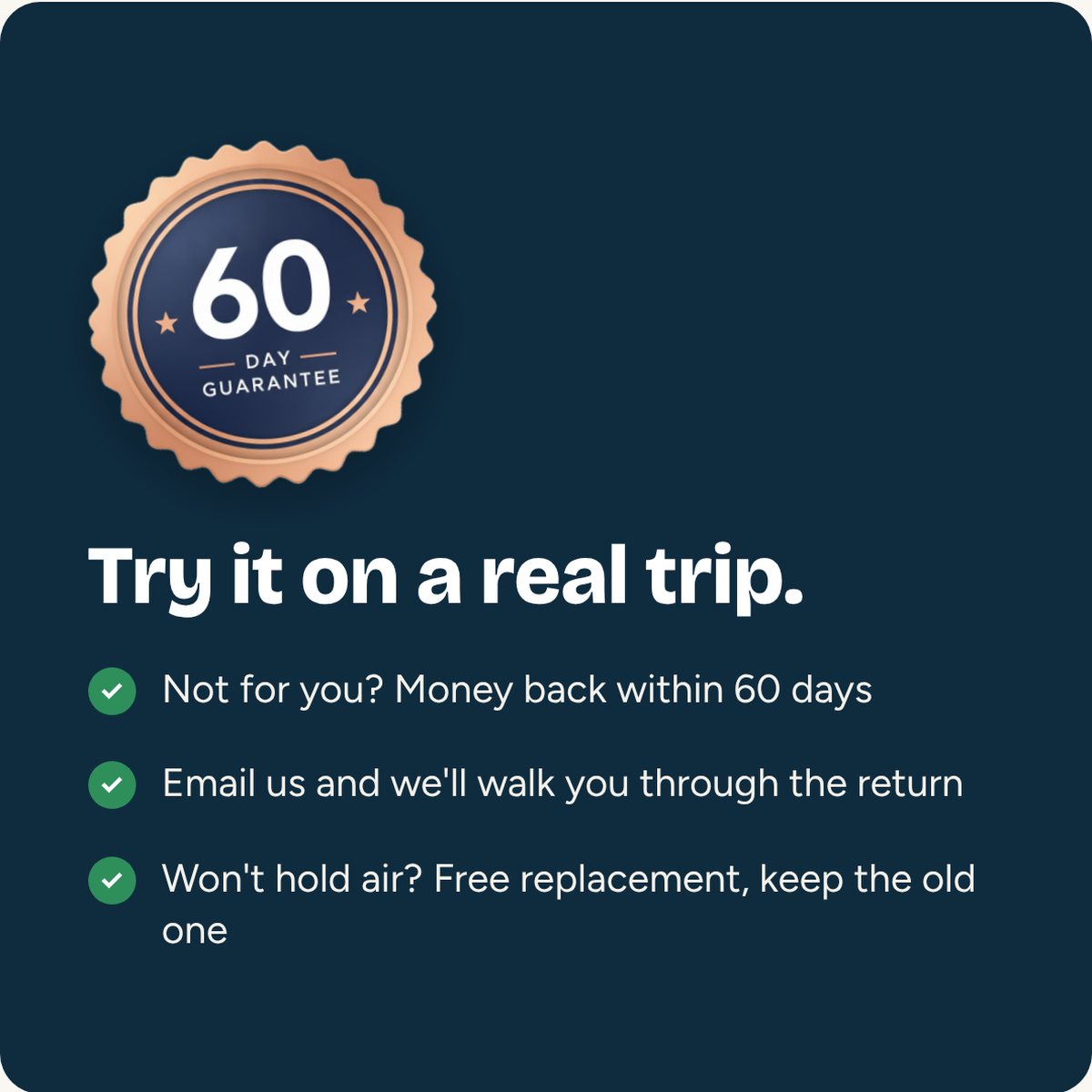 60-day guarantee: try it on a real trip
