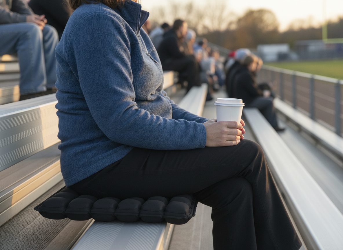 Woman sitting on the AirSeat on stadium bleachers