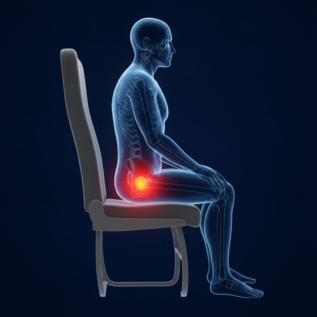 Illustration: a seated figure with red hot spots under the sit bones and tailbone on a thin seat