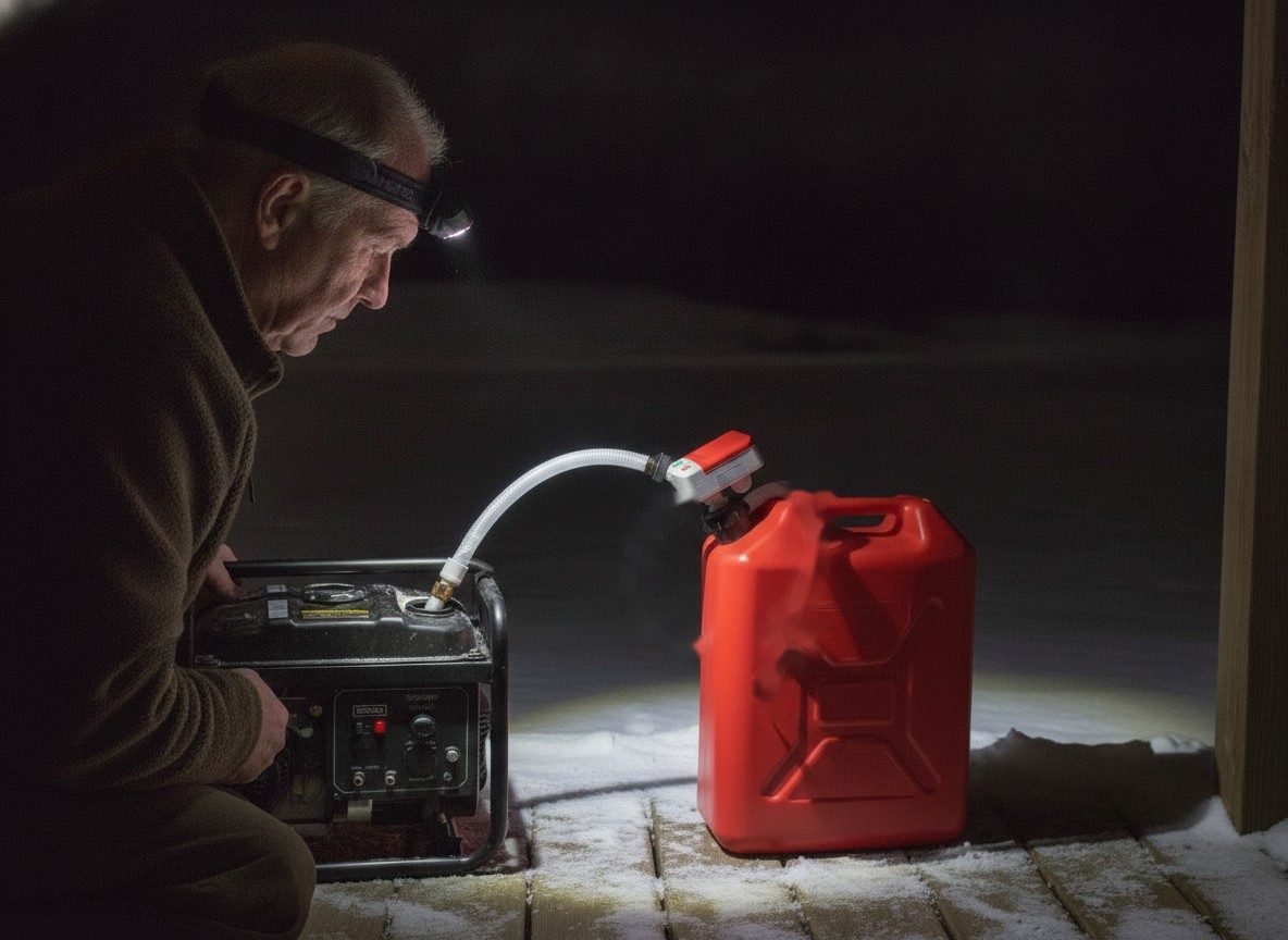 A man with a headlamp refueling a generator on a snowy porch during a power outage